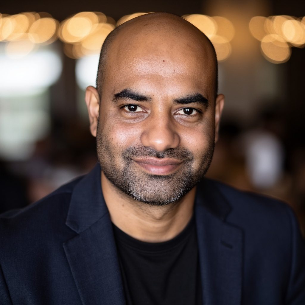 A man with bald head and black jacket